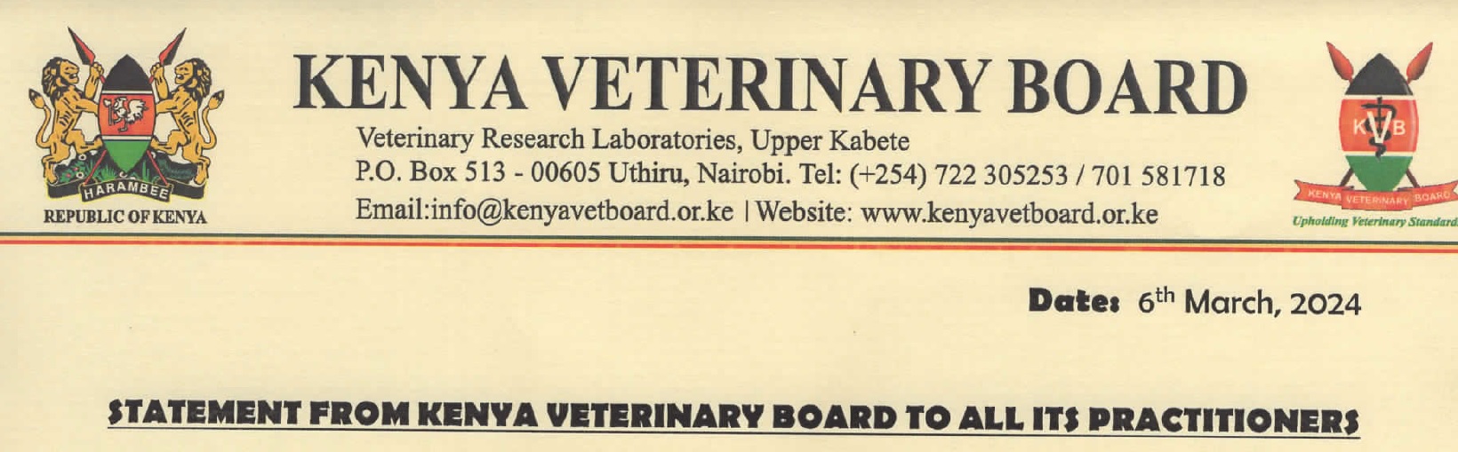 Statement from Kenya Veterinary Board to its practitioners Kenya